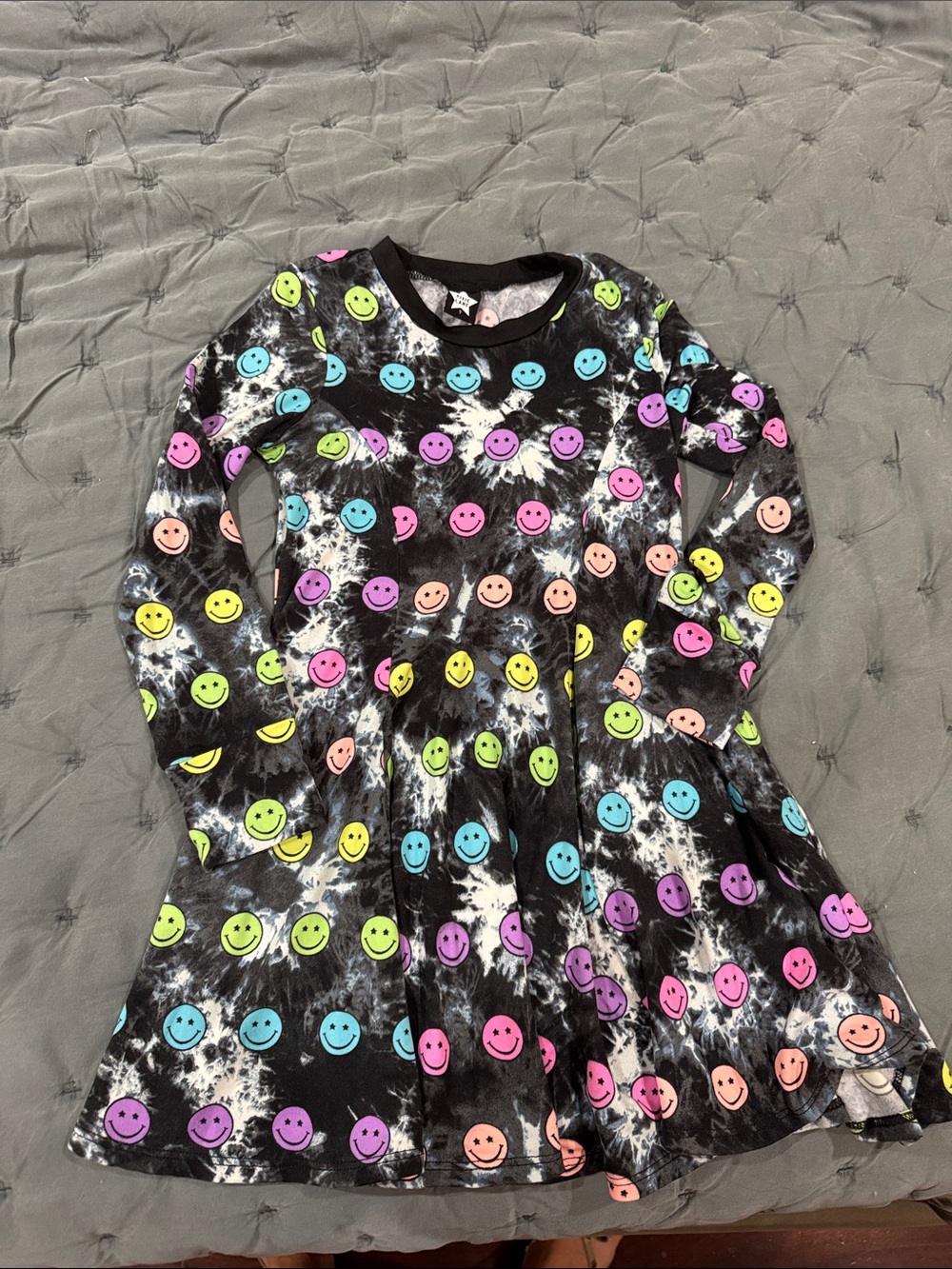Kids Black Tie-Dye Smiley Face Long-Sleeve Dress